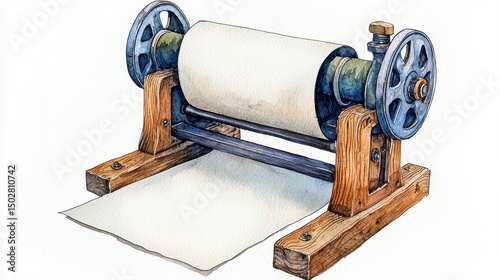 Vintage Paper Rolling Machine Watercolor Illustration
