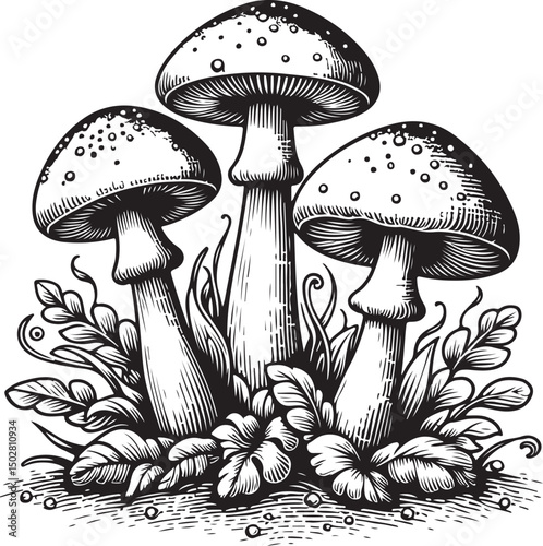 3 mushrooms are growing on the ground image vector