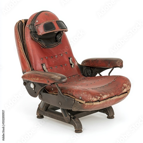 Vintage Red Aviation Chair with Metal Frame Showing Aged Texture on White Background