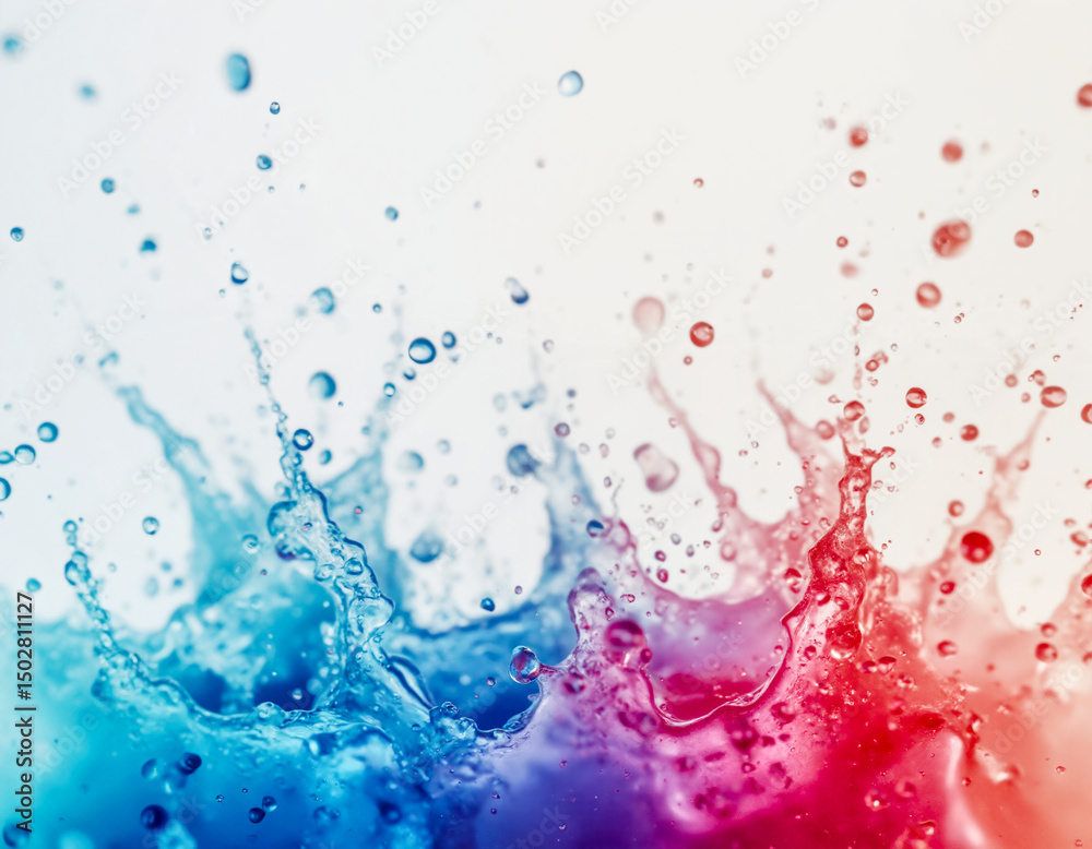 Fototapeta premium Vibrant red and blue water splashes on white. Dynamic abstract fluid explosion with colorful droplets. Ideal for energetic background and modern designs.