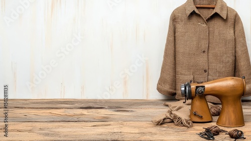 Vintage Sewing Machine Displayed with Patterned Shirt on a Distressed Wooden Table Surface