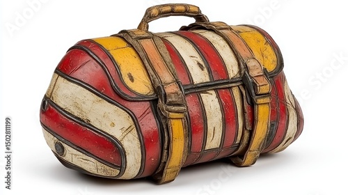 Vintage Striped Leather Travel Bag Red, Yellow, and White Paint Detail