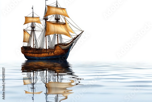 Vintage Tall Ship with Brown Sails Reflecting on Water Illustration on White Background
