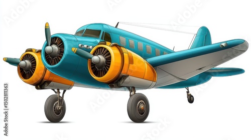 Vintage Teal And Orange Twin Engine Propeller Airplane Illustration