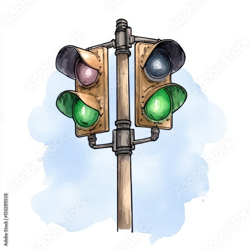 Vintage Traffic Light Watercolor Illustration Green Pink Lights Wooden Pole