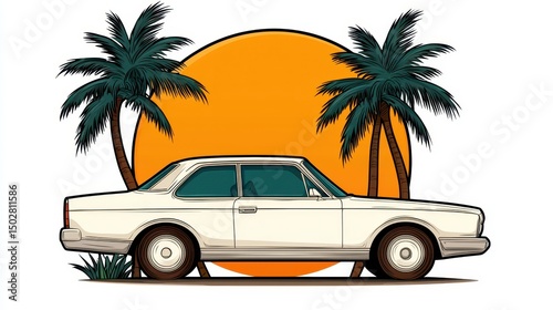 Vintage White Car at Sunset Pixel Art Illustration