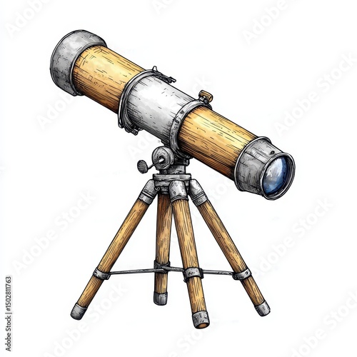 Vintage Wooden Telescope on Tripod Detailed Illustration