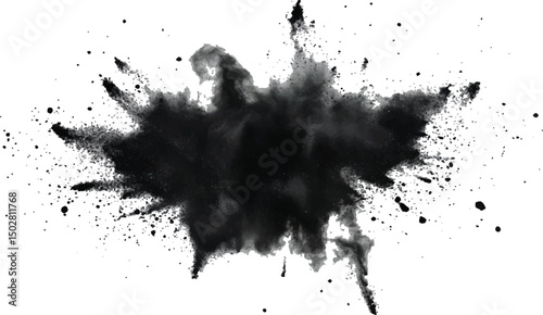 Black flying explosion on a white transparent background. Abstract powder splatted background. Black powder explosion on transparent background