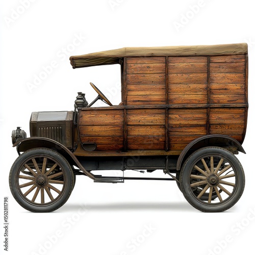 Vintage Wood Panelled Truck With Dark Brown Wheels in Profile Against White Background