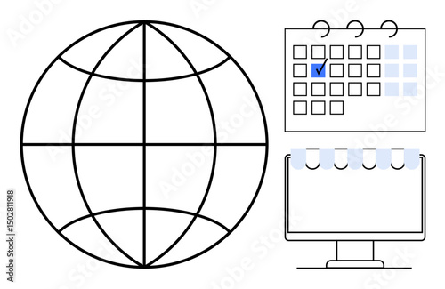 Globe representing global connectivity, calendar for task planning with a checkmark, and monitor for digital work. Ideal for planning, teamwork, online collaboration, scheduling, remote work
