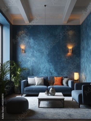 A stylish living room with deep blue walls and comfortable furniture.