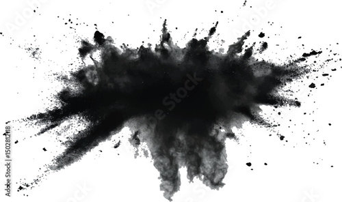 Black flying explosion on a white transparent background. Abstract powder splatted background. Black powder explosion on transparent background
