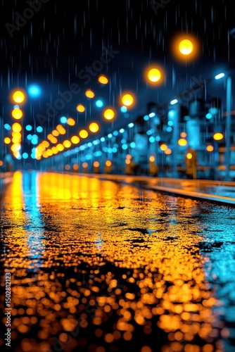 Vivid Nightscape with Reflective Wet Street Under Blue and Orange Lights