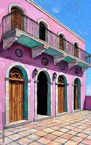 Vivid Pink Building with Arched Windows and Iron Balconies Mosaic Architecture Blue Sky