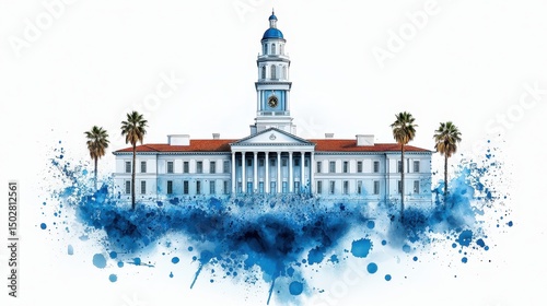 Watercolor Art of Grand White Building with Blue Dome and Palm Trees on White