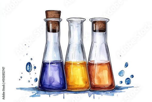 Watercolor Conical Flasks with Purple Yellow and Orange Liquids on White Background