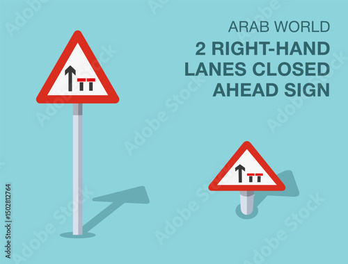 Traffic regulation rules. Isolated Arab world "two right-hand lanes closed ahead" road sign. Front and top view. Flat vector illustration template.