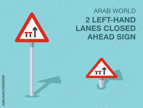 Traffic regulation rules. Isolated Arab world "two left-hand lanes closed ahead" road sign. Front and top view. Flat vector illustration template.