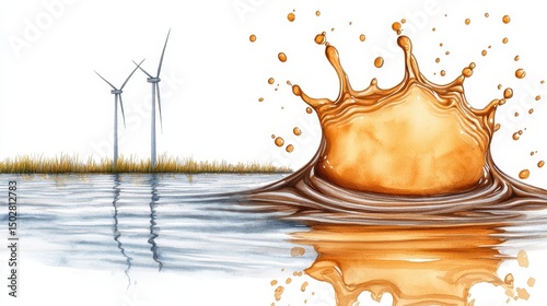 Watercolor Crown Splash and Wind Turbines Reflection
