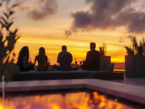 Sunset Gathering: Silhouette of friends enjoying a stunning sunset, creating a perfect backdrop for relaxed conversations, symbolizing friendship and shared moments.