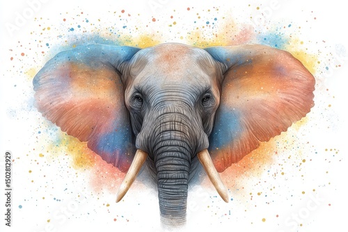 Watercolor Elephant Portrait Vibrant Blue Orange Yellow Splashes