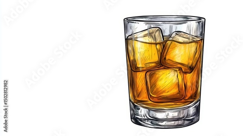 Watercolor Illustration of an Amber Liquor Drink with Ice Cubes in Glass Cup