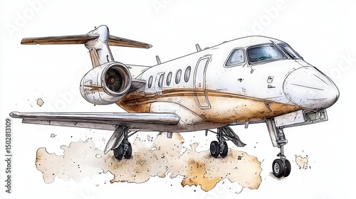 Watercolor Illustration Of A Private Jet with White and Gold Color Scheme On White Background
