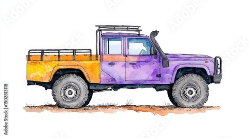 Watercolor Illustration of a Purple and Orange Off Road Pickup Truck