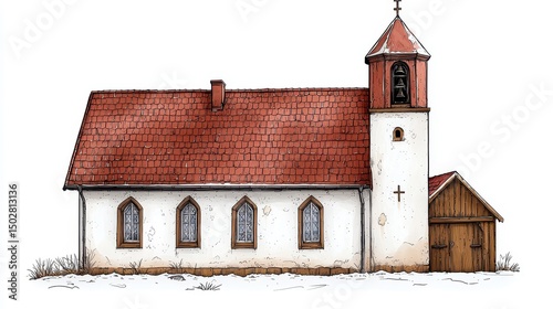 Watercolor Illustration of a Quaint Rural Church with Red Tile Roof