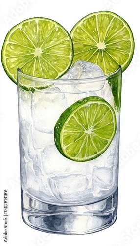Watercolor Illustration of a Refreshing Lime Cocktail in a Tall Glass