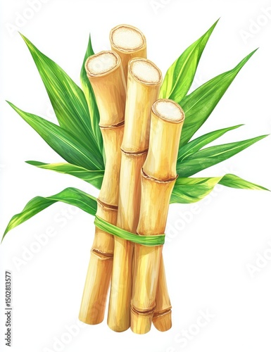 A bunch of light golden-yellow bamboo stalks, bound together, with vibrant green leaves at the top.  The stalks have a slightly textured surface and a creamy-white interior