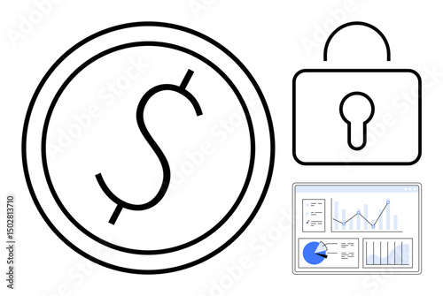 Dollar coin, secure padlock, and a dashboard with charts emphasize financial protection, data security, and analysis. Ideal for finance, cybersecurity, banking, savings risk management investment