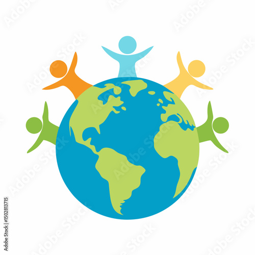 Global Ecology Teamwork. Illustration of people hand in hand surrounding the world in a symbol of environmental or ecological unity. vector isolated on white background.