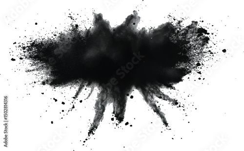 Black flying explosion on a white transparent background. Abstract powder splatted background. Black powder explosion on transparent background