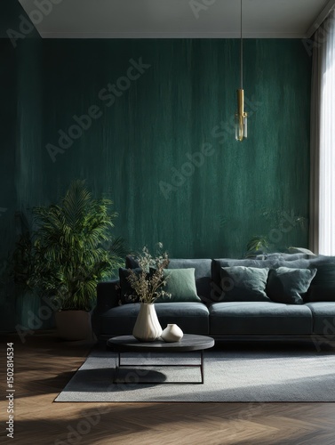 Modern teal living room with a dark gray area rug and coffee table.