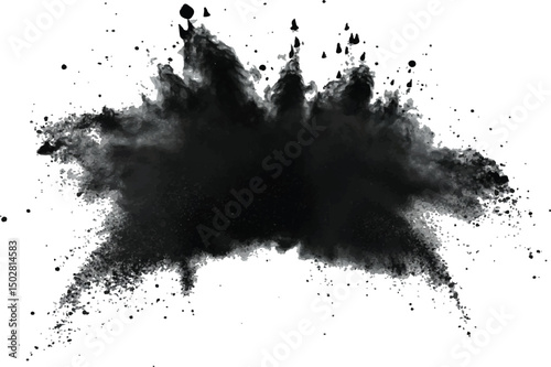 Black flying explosion on a white transparent background. Abstract powder splatted background. Black powder explosion on transparent background