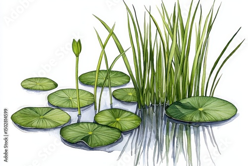 Water Lilies and Grasses Reflection in Calm Water Botanical Illustration