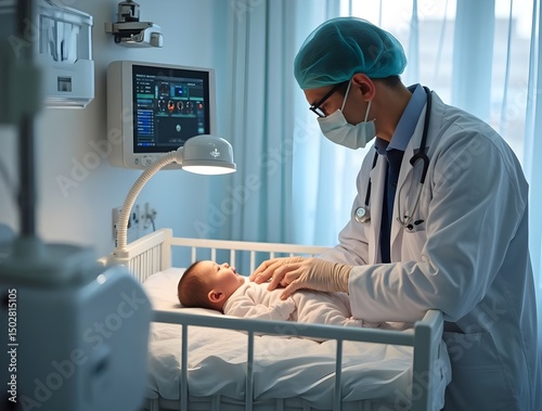 A baby being examined in a crib in the intensive care unit.