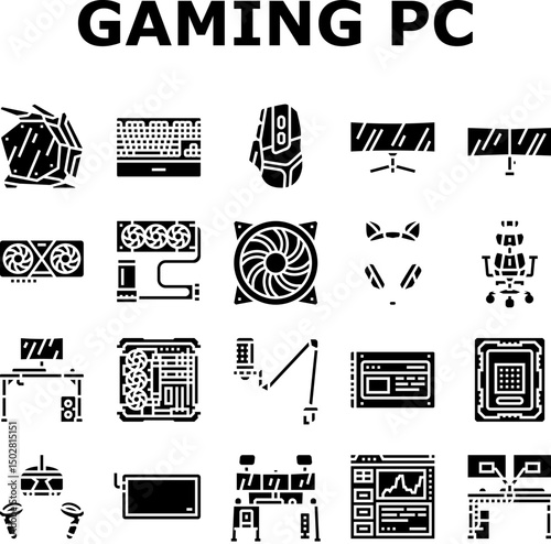 gaming pc hardware icons set vector