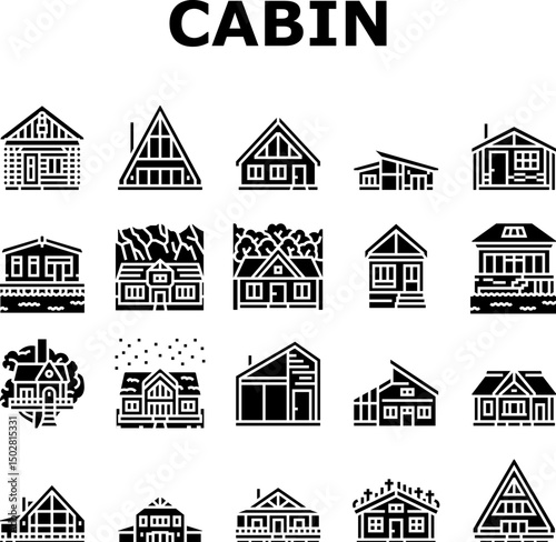 wooden cabin log icons set vector