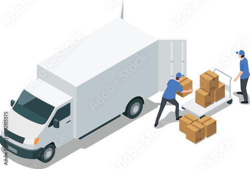 Isometric delivery truck with workers and packages