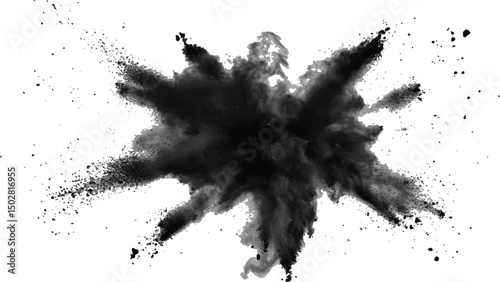 Vector black powder explosion isolated on white transparent background. Black flying explosion on a white transparent background
