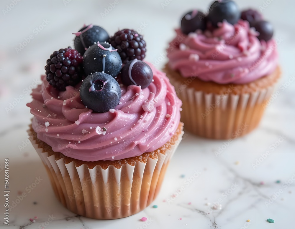 Deliciously decorated cupcakes with sweet icing, some with sprinkles and others with cream and berries, perfect for any celebration or party Deliciously decorated cupcakes with sweet icing, some with sprinkles and others with cream and berries, perfect for any celebration or party