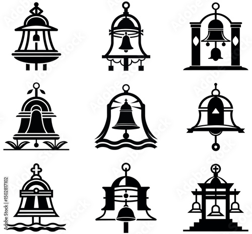 Church Bell Icons Collection - Religious Bell Tower Symbols in Black and White