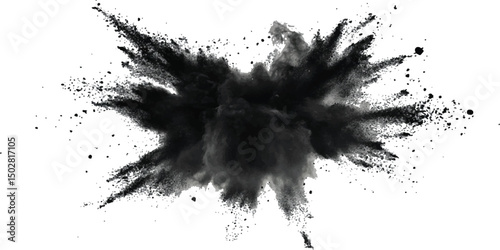 Vector black powder explosion isolated on white transparent background. Black flying explosion on a white transparent background