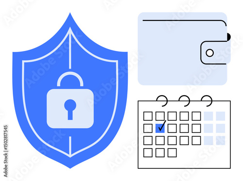 Blue shield with lock symbol, minimalist wallet, and a marked grid calendar. Ideal for security, planning, savings, protection, finance management organization reliable system. Flat simple metaphor