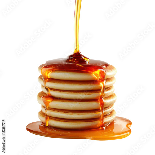 Pancakes Drenched in Syrup: Stacked fluffy pancakes are generously drenched in golden syrup. A delicious, eye-catching display of pure breakfast bliss.