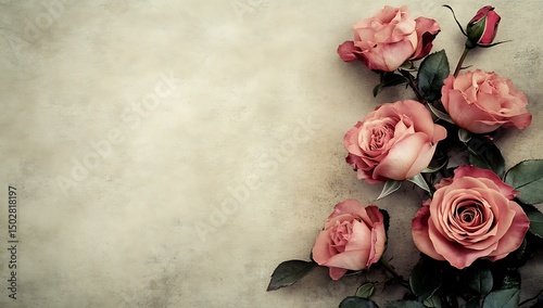 Vintage floral wallpaper featuring blooming roses and green leaves on a textured beige background