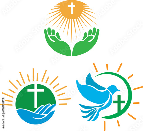 A set of three colorful Christian logo designs featuring crosses, radiant light, hands, and a dove, symbolizing faith, hope, prayer, and peace. Ideal for church, ministry, or spiritual organizations