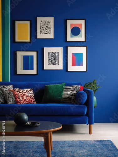 Vibrant blue living room with framed artwork and colorful accent pillows.